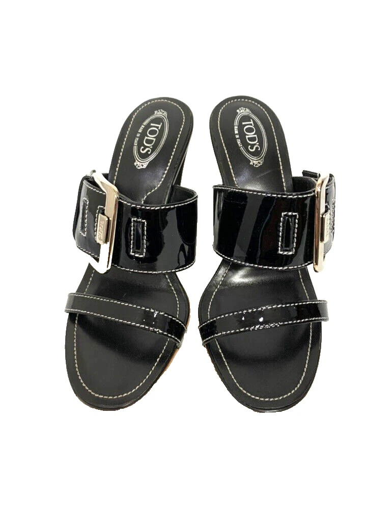 TOD’S Sandali Tod's neri Peggy macro in pelle verniciata con cinturino e fibbia taglia 35