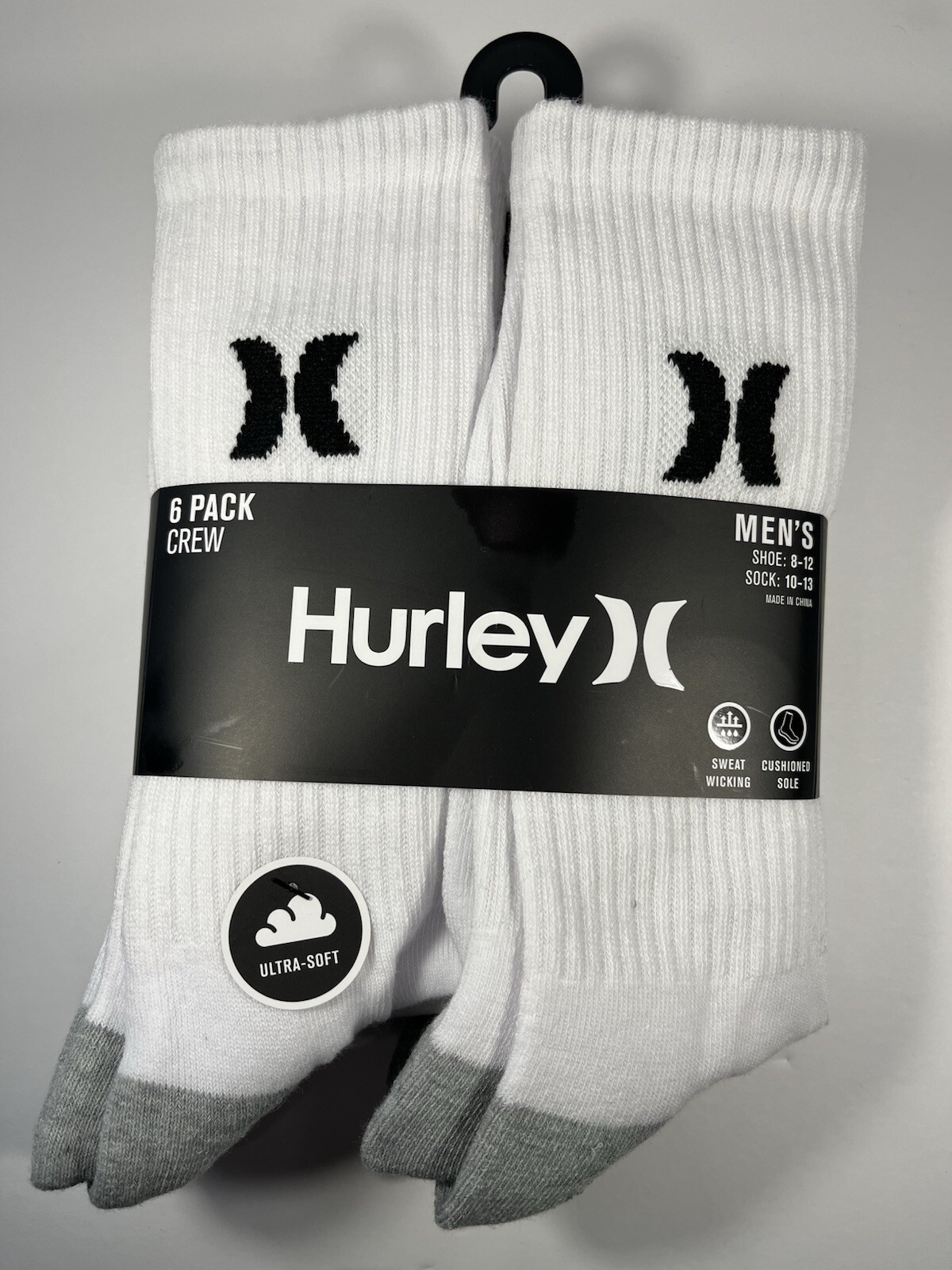 Hurley Men's White Cushioned Crew Socks 6-Pack Size 8-12