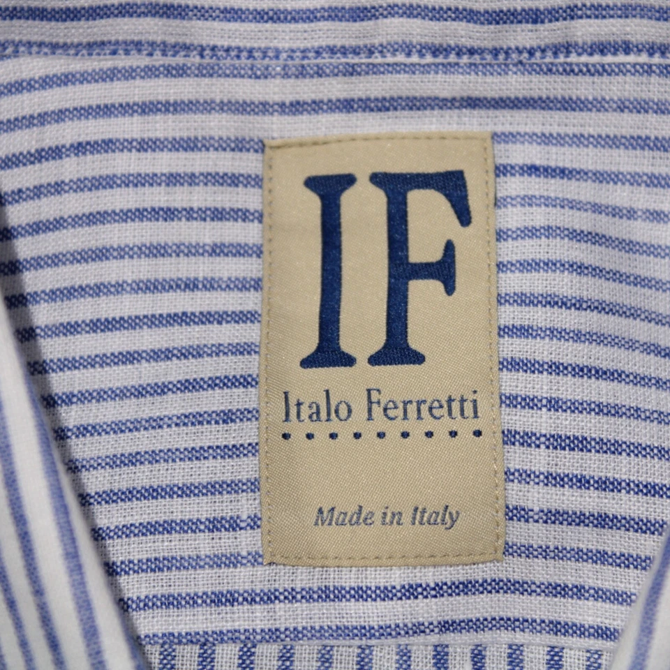 IF Italo Ferretti NWT Dress Shirt Size 16.5 42 US In Blue Striped 100% Linen - Image 3 of 4
