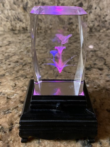 Hummingbird Floral Laser Etched Crystal Glass Cubed Holographic 3D LightUp Stand - Picture 8 of 12