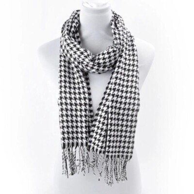 NEW Black White Houndstooth Fringe Skinny Scarf Scarves University