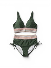Olive High-Waist Bikini Set with Multicolor Trim