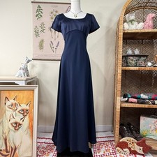 Vtg 90s Navy Babydoll Empire Formal Dress Gloomy Coquette Dark Romantic Regal 4