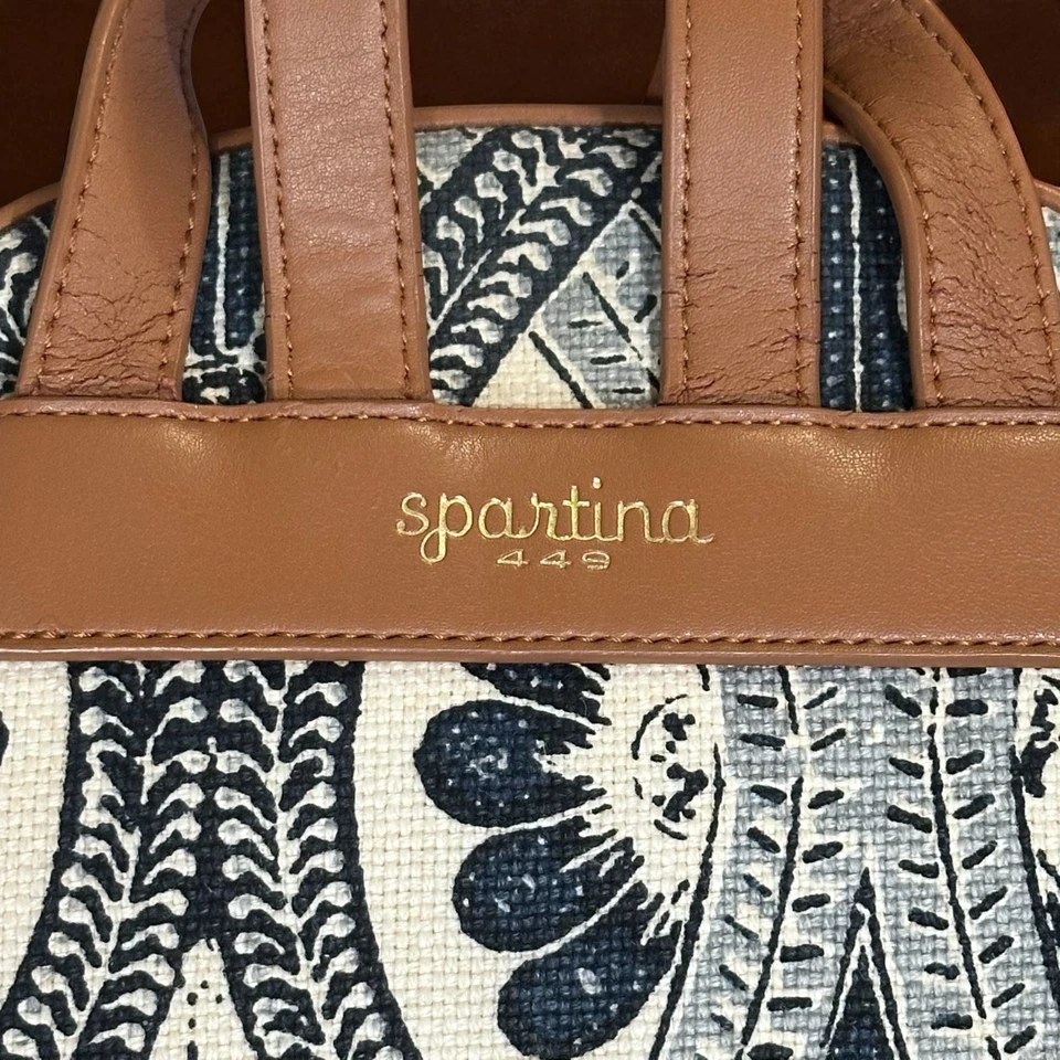 Mochila Spartina 449 Daufuskie Island Azul Beige Lino Cuero Escapada Escuela Foto 3 de 4