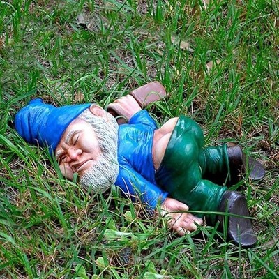 Funny drunken dwarf garden gnome statue decoration for Halloween and Christmas, 