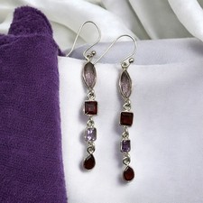 Handmade 925 Silver Dangle Earring Purple Amethyst Red Garnet Drop Earrings
