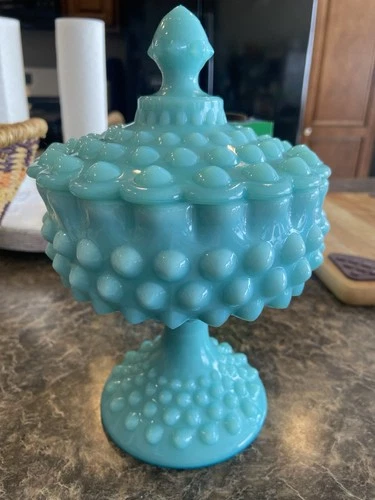 Vintage Fenton Art Glass Hobnail Turquoise Aqua Blue Milk Compote w Lid Sticker