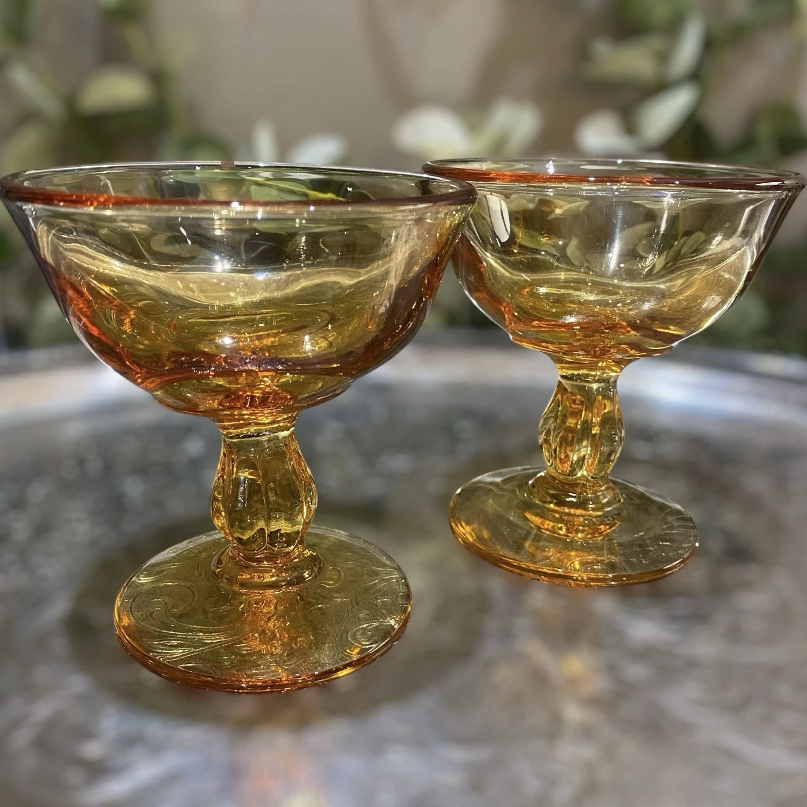 Tiffin Franciscan Desert Rose Amber Set 2 Footed Champagne Sherbert Stem Glasses