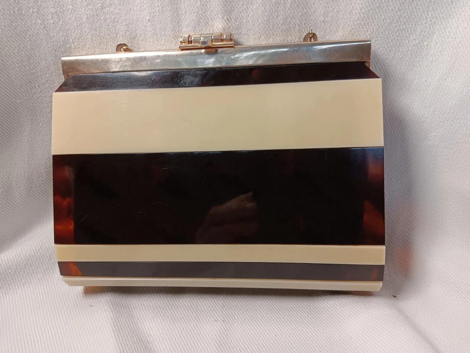 Midcentury exklusive Handtasche zweigestreift braun beige Kunststoff Bakelit - Bild 2 von 4