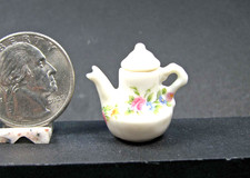 Tiny Dollhouse Teapot: Porcelain handcrafted, 1" mini dishes, 1:12 signed