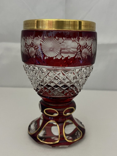 Antique Bohemian Ruby Red Cut to Clear Footed Goblet W/Gold Trim 5" H