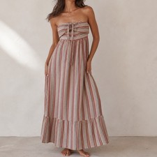 Boho Striped Strapless Maxi Dress Tie Front Tiered Ruffle Sun Dress Multi L1