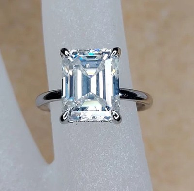 4 CTW Emerald Cut Moissanite Hidden Halo Engagement Ring14K White Gold Plated