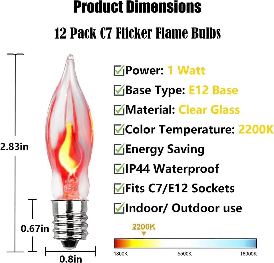 Christmas Flicker Flame Light Bulbs, 12 Pack C7 Crystal Clear Flickering Light B - Image 2 of 4
