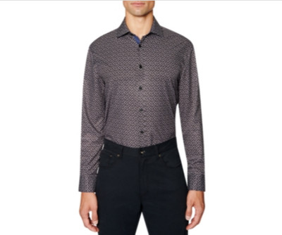 Society of Threads Mens Slim Fit Performance Print Dress Shirt in Black Size M