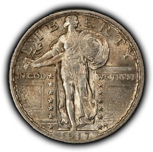 1917 25c Standing Liberty Silver Quarter Luster - Type 2 -Original Toning- Y6380