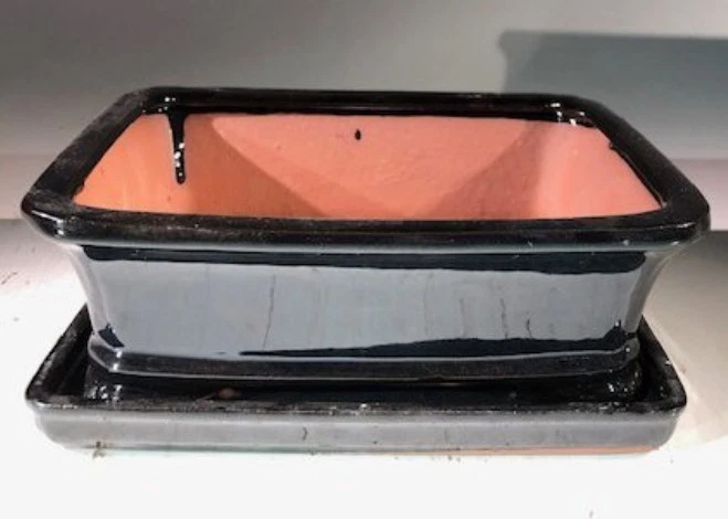 Black Ceramic Bonsai Pot - Rectangle With Humidity Drip Tray  OD:8" x 6" x 3" - Image 2 of 2