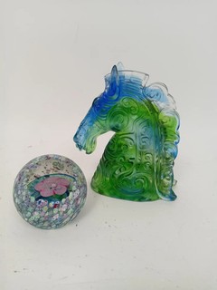 Caithness Paperweight & Green Blue Glass Horse Bust