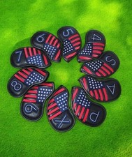 Golf Iron Club Head Covers Lot Of 10 Faux Leather Black USA Flag Design