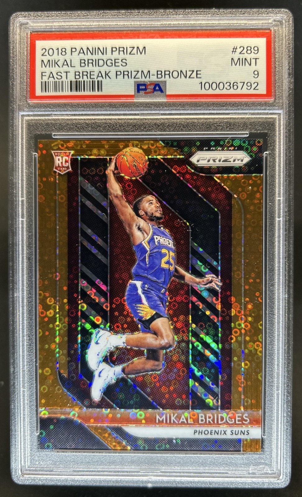 2018-19 Panini Prizm Mikal Bridges RC Prizm Fast Break Bronze #/20 Suns PSA 9 view 1