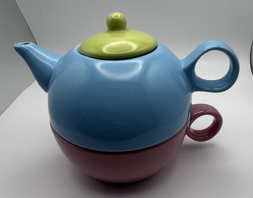Old Amsterdam Porcelain  Teapot & Tea Cup for One Green/Blue/Pink 