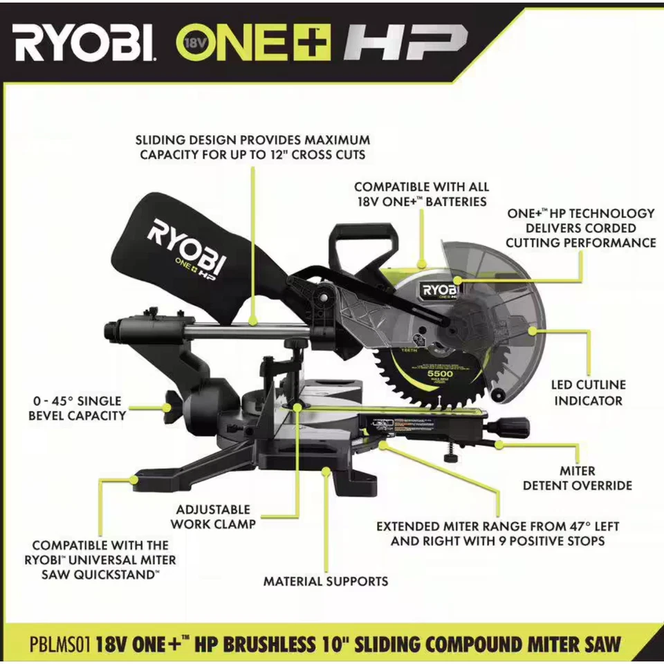 Ryobi One+ HP 18 В беспроводной 10 дюймов Раздвижная торцовочная пила + крепление подставки - PBLMS01B - Изображение 4 из 4