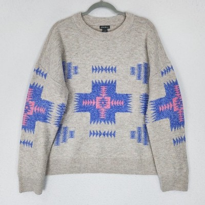 Eddie Bauer Sweater Womens Large Tan Blue Aztec Crew Neck Pullover Classic