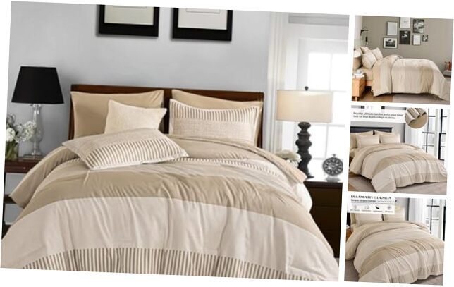 Comforter Set Size,Classic Striped Comforters for Boys & Girls,7 Queen Khaki-image