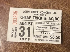 CHEAP TRICK/AC/DC RARE CONCERT TICKET STUB PORTLAND, OR 08/31/1978