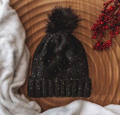Womens Black Knitted Cuffed Sequin Beanie with Pom Pom-Adult  display picture 2