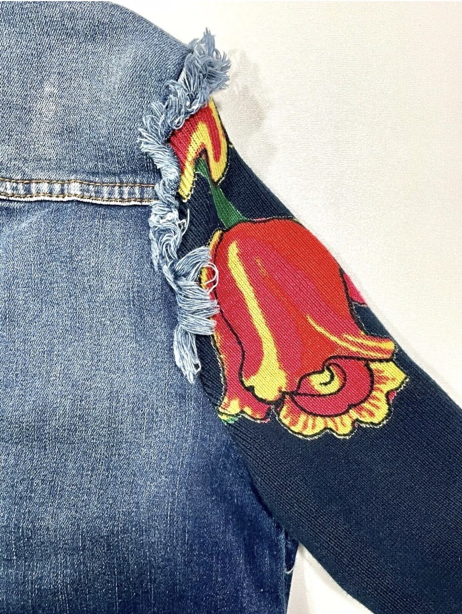 Desigual Denim Jean Jacket Floral Knit Sequin Embroidered