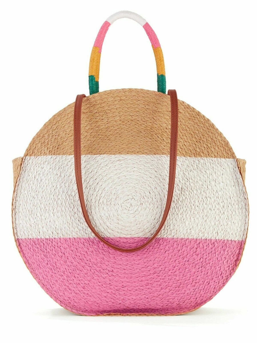 Time and Tru Straw Tote Beach Bag Purse Shoulder Bag Tan Pink