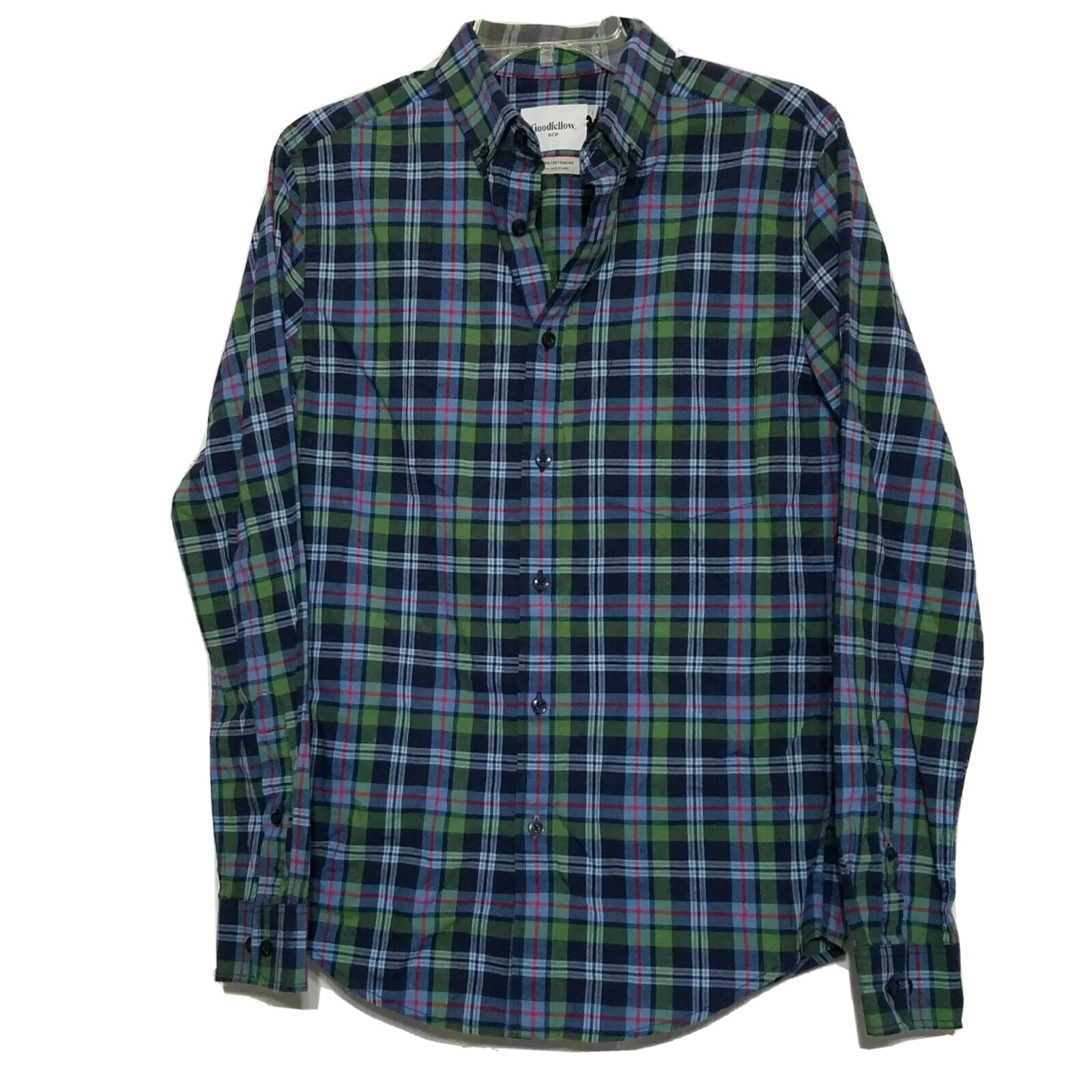 NWT Goodfellow Button-Up Collared Shirt Size S Green Blue Red Long Sleeve