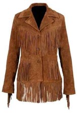 Women Native American Western Cowgirl Brown Suede Leather Fringe Coat Jacket