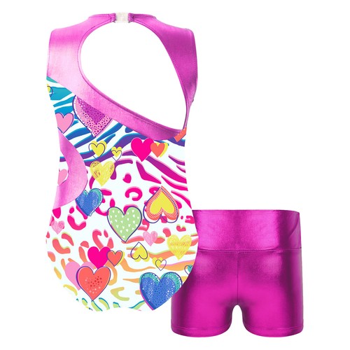 Kids Girls Gymnastic Dance Sports Outfits Sleeveless Printed Leotard Shorts Set - Picture 15 of 30