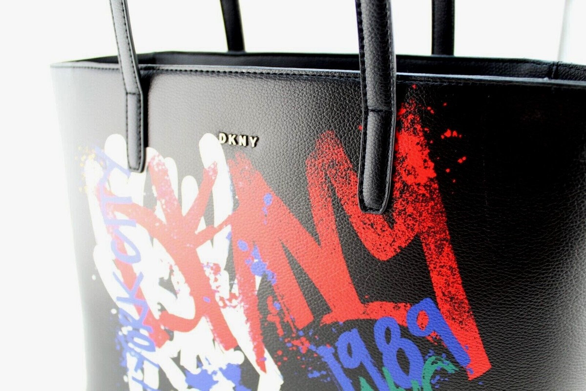 DKNY NY Graffiti White Bryant Park PU Leather Tote Bag Y2k retro