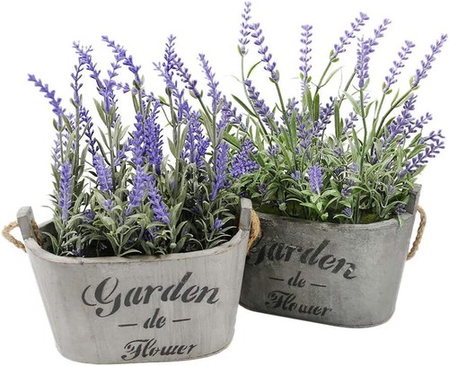 Artificial Lavender Flowers in Bundles Fake Silk Faux Lavender Plant Wooden Pots - Picture 16 of 77