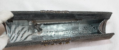 DEEPA GURNANI GRAY SUEDE FRAME CLUTCH WITH METALLIC BEAD ORNAMENTS - Picture 7 of 8