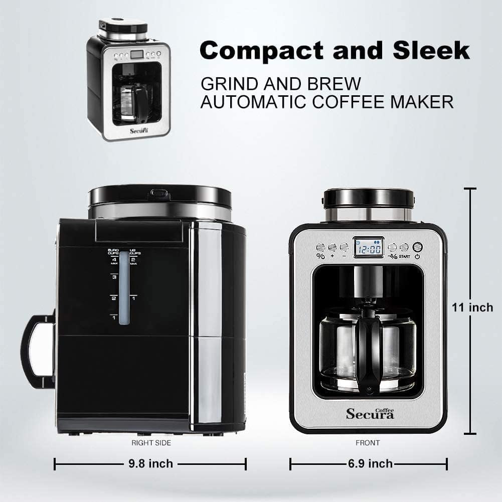 Secura Coffee Automatic Coffee Maker with Grinder, Programmable Grind and Brew 