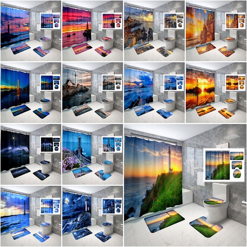 Lighthouse Sunrise Shower Curtain Set Bathroom Rug Thick Bath Mat Lid Cover Gift - Picture 1 of 37