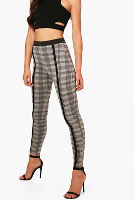 Boohoo Kontrast Karo Leggings elastische Taille Stretch 8 UK neu mit Etikett UVP £17,99 grau