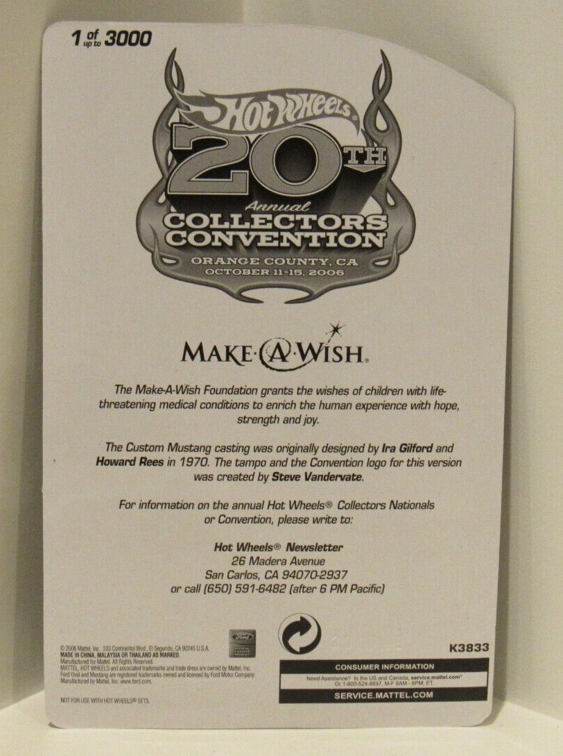 ミニカー Hot Wheels 20th Convention 2006 Mustang 2006 Hot Wheels 20th Annual Convention Custom Mustang Make A Wish