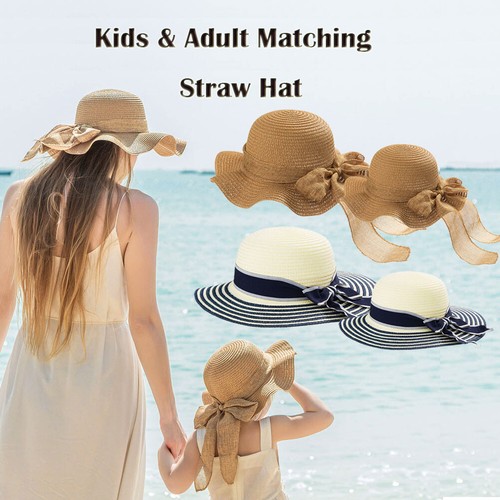 Estate Donna Ragazze Bambini Cappelli di Paglia Cappello Da Sole Donna da  Spiaggia Larga Tesa di protezione dal sole | eBay