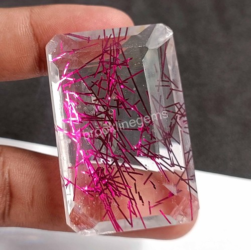 165 Ct Pink Rutilated Quartz Emerald Cut EGL Certified Gemstone 47x30mm 4SUB - Picture 2 of 6