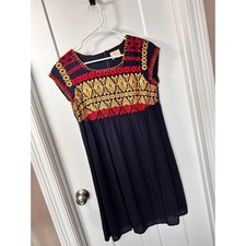 Anthropologie Edme & Esyllte Women Aztec Embroidered A-Line Dress Blue SZ Medium