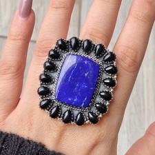 Handcrafted Lapis Lazuli And Black onyx Statement Ring. made In 925 Sterling