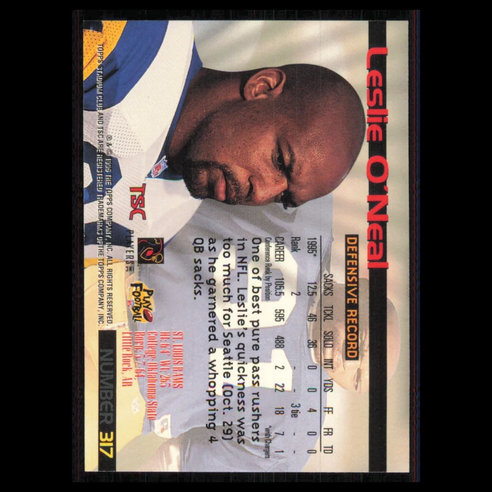 Leslie ONeal #317 1996 Topps Stadium Club St. Louis Rams Football Card NFL NM - Image 2 of 3