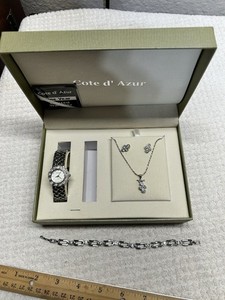 Cote d' Azur Womans  Silver Tone Watch Bracelet 18-20” Necklace Earrings Set