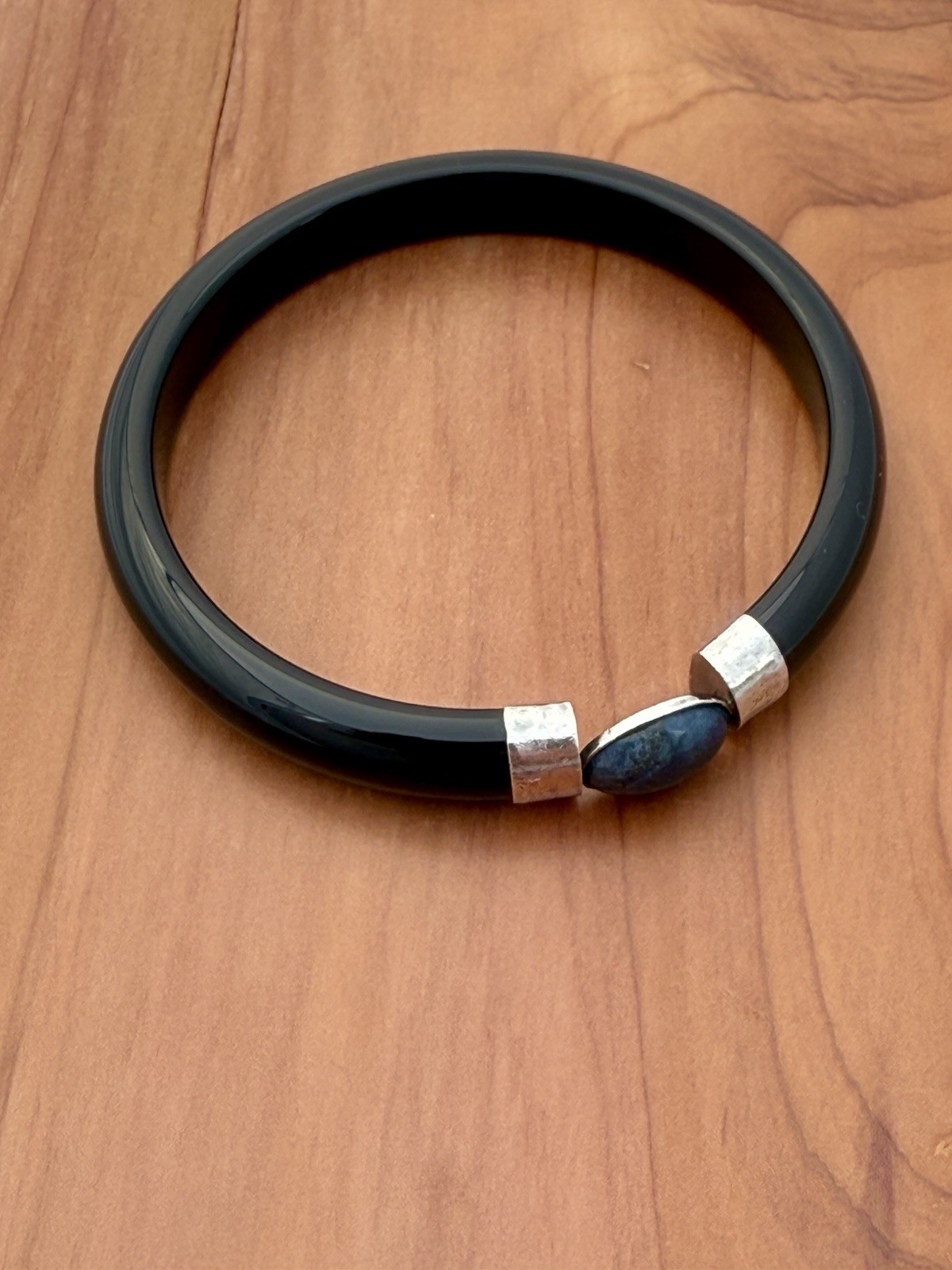 Solid Black Onyx Bangle Sterling Silver Blue Lapi… - image 3