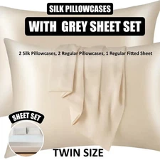 KASENTEX Silk Pillowcase with Grey Twin Sheet Set